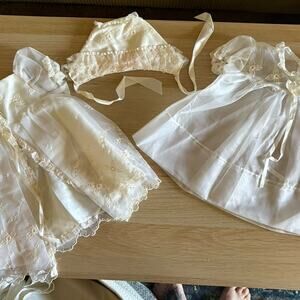 Vintage Phyllis Baby Wear Christening Baptism Dress & Bonnet Set White Lace